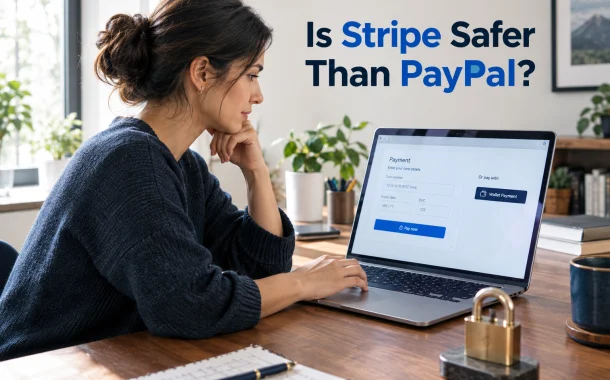 Small business owner comparing card and wallet payment options at checkout, weighing whether Stripe is safer than PayPal.