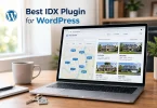 Laptop showing a map-based home search built with the best IDX plugin for WordPress.