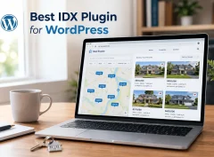 Laptop showing a map-based home search built with the best IDX plugin for WordPress.