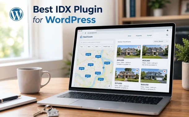 Laptop showing a map-based home search built with the best IDX plugin for WordPress.