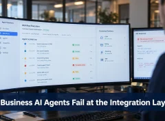 An AI agent dashboard showing failed tool calls and disconnected business systems, with the title "Why Business AI Agents Fail at the Integration Layer" overlaid across the image.