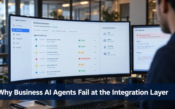 An AI agent dashboard showing failed tool calls and disconnected business systems, with the title "Why Business AI Agents Fail at the Integration Layer" overlaid across the image.