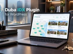 Laptop showing a real estate site with MLS search added through a Duda IDX plugin.