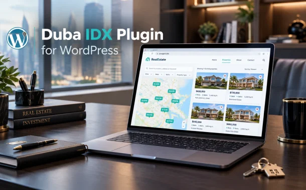 Laptop showing a real estate site with MLS search added through a Duda IDX plugin.