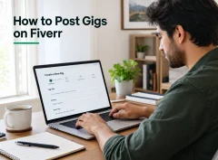 A freelancer sits at a laptop creating a new gig listing on a freelance marketplace.