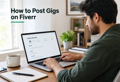 A freelancer sits at a laptop creating a new gig listing on a freelance marketplace.