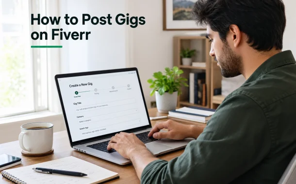 A freelancer sits at a laptop creating a new gig listing on a freelance marketplace.