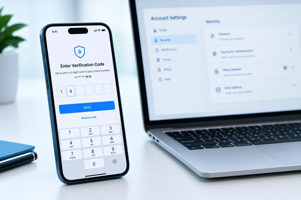A smartphone and laptop show the identity and phone verification steps required before a Fiverr gig can go live.