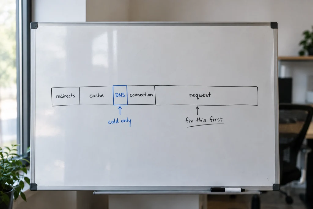A whiteboard timeline dividing time to first byte into five phases, with DNS drawn narrow and server request drawn widest.