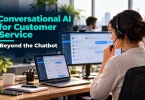 Support agent using conversational AI for customer service on a laptop