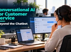 Support agent using conversational AI for customer service on a laptop