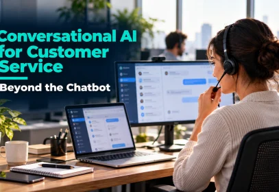 Support agent using conversational AI for customer service on a laptop