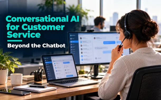 Support agent using conversational AI for customer service on a laptop