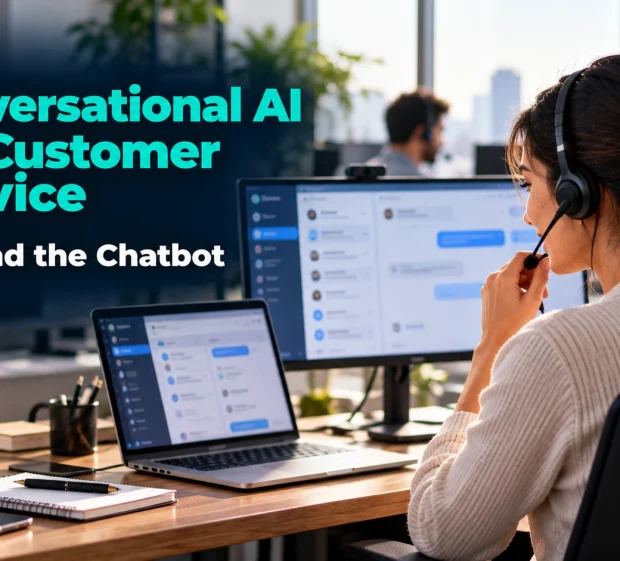 Support agent using conversational AI for customer service on a laptop