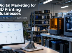 A 3D printing workshop with two printers running beside a monitor showing a search performance dashboard, titled "Digital Marketing for 3D Printing Businesses.