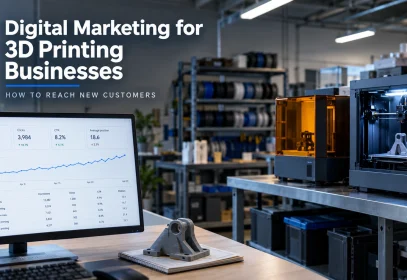 A 3D printing workshop with two printers running beside a monitor showing a search performance dashboard, titled "Digital Marketing for 3D Printing Businesses.