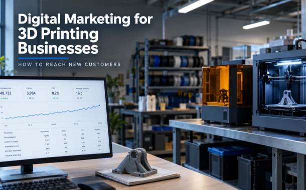A 3D printing workshop with two printers running beside a monitor showing a search performance dashboard, titled "Digital Marketing for 3D Printing Businesses.