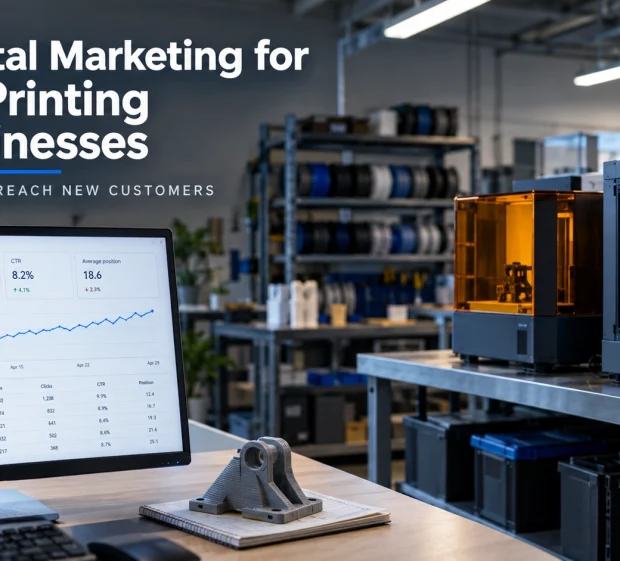 A 3D printing workshop with two printers running beside a monitor showing a search performance dashboard, titled "Digital Marketing for 3D Printing Businesses.