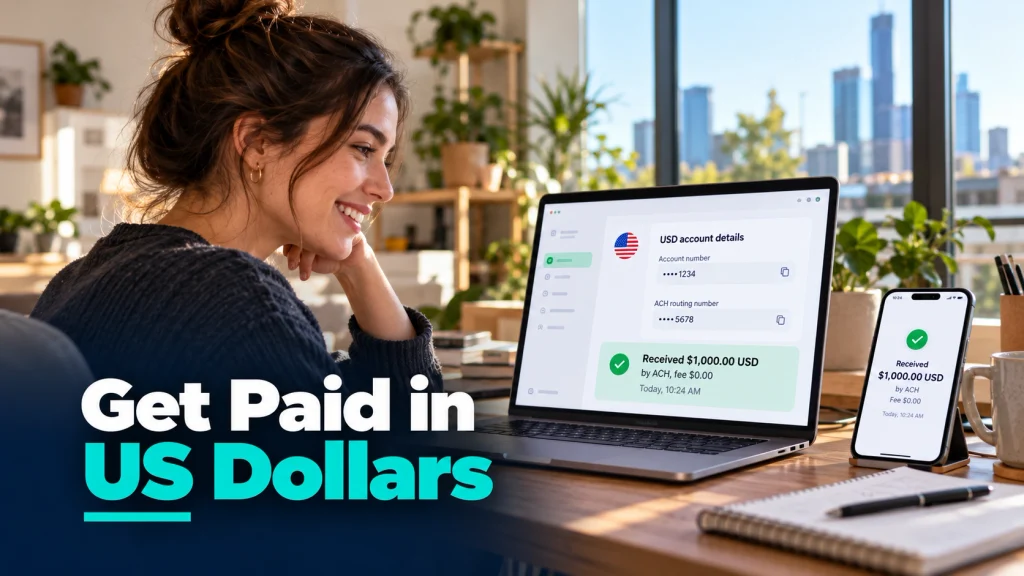 Getting paid in US dollars from abroad into local USD account details with no receiving fee.