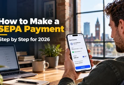 How to make a SEPA payment: a freelancer confirms a euro transfer to a German IBAN on his banking app.