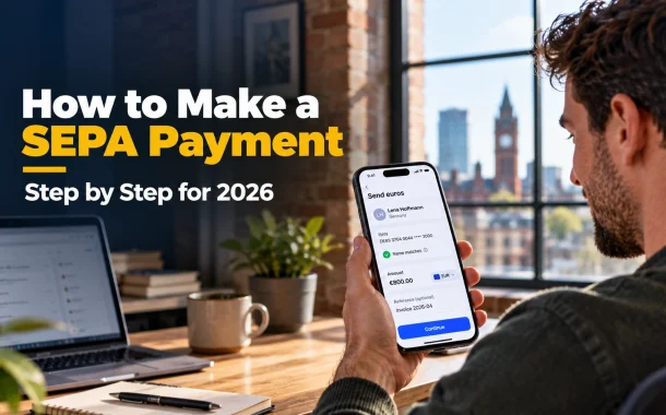 How to make a SEPA payment: a freelancer confirms a euro transfer to a German IBAN on his banking app.