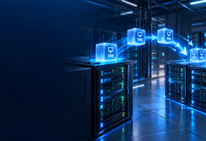 Illustration of virtual machines migrating between servers for a VMware replacement