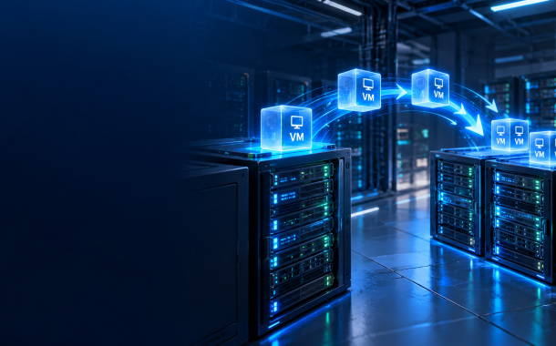 Illustration of virtual machines migrating between servers for a VMware replacement