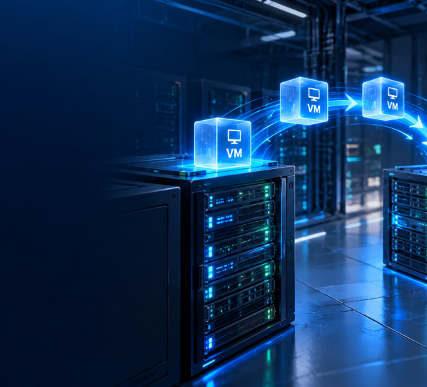 Illustration of virtual machines migrating between servers for a VMware replacement