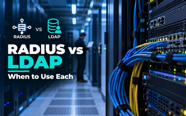 Network switch and patch cables illustrating RADIUS vs LDAP authentication