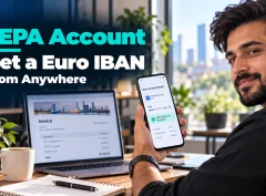 agency founder holding a smartphone displaying fictional euro account details and SEPA payment acceptance, illustrating how to get a euro IBAN from anywhere.