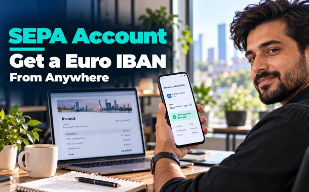 agency founder holding a smartphone displaying fictional euro account details and SEPA payment acceptance, illustrating how to get a euro IBAN from anywhere.