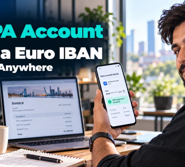 agency founder holding a smartphone displaying fictional euro account details and SEPA payment acceptance, illustrating how to get a euro IBAN from anywhere.