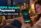 SEPA Instant Payments: a woman sends an instant euro transfer from her banking app late on a Sunday night.