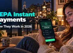 SEPA Instant Payments: a woman sends an instant euro transfer from her banking app late on a Sunday night.