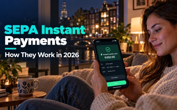 SEPA Instant Payments: a woman sends an instant euro transfer from her banking app late on a Sunday night.