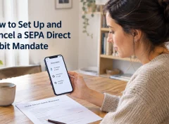 A woman reviews a SEPA direct debit mandate form and her banking app at a kitchen table.