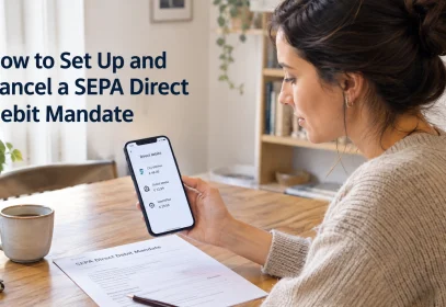 A woman reviews a SEPA direct debit mandate form and her banking app at a kitchen table.