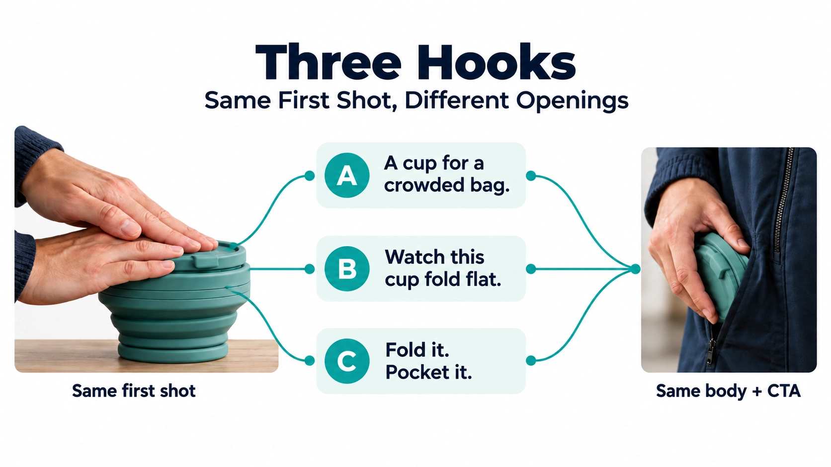 Three product video ad hooks compared using the same teal collapsible cup demonstration, with three opening lines and an identical body and call to action.