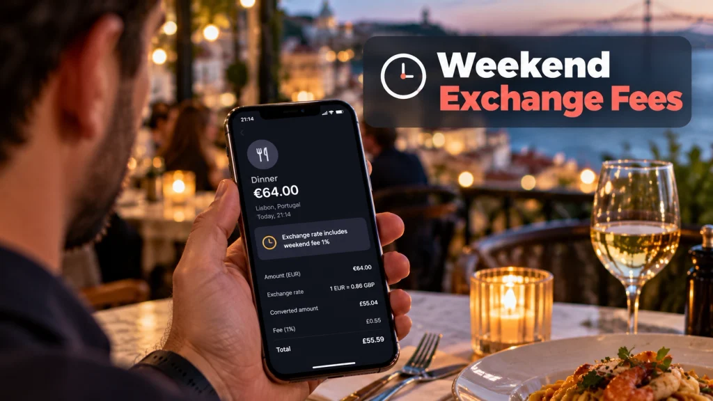 Wise vs Revolut fees: a weekend exchange fee shown on a card payment in a money app.