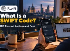 What is a SWIFT code: a freelancer checks his bank's SWIFT/BIC code on a phone before sending it to an overseas client.