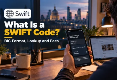 What is a SWIFT code: a freelancer checks his bank's SWIFT/BIC code on a phone before sending it to an overseas client.