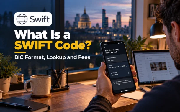 What is a SWIFT code: a freelancer checks his bank's SWIFT/BIC code on a phone before sending it to an overseas client.