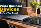 Business laptop, phone and tablet prepared to wipe business devices before resale