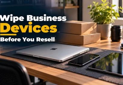 Business laptop, phone and tablet prepared to wipe business devices before resale