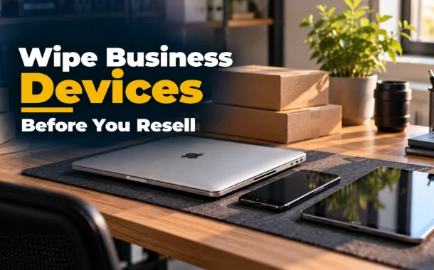 Business laptop, phone and tablet prepared to wipe business devices before resale