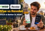 Wise vs Revolut: a traveller compares the two money apps on two phones at a café in Lisbon.