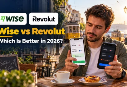 Wise vs Revolut: a traveller compares the two money apps on two phones at a café in Lisbon.