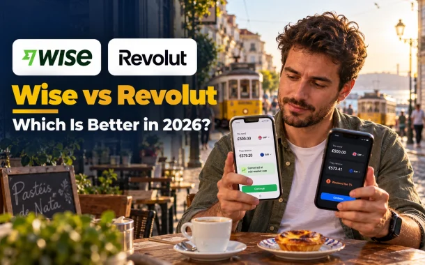 Wise vs Revolut: a traveller compares the two money apps on two phones at a café in Lisbon.