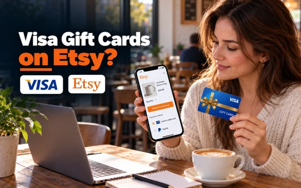 A shopper in Columbus checks whether you can use Visa gift cards on Etsy at checkout.