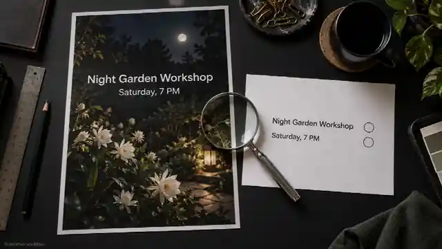 Night Garden Workshop poster beside an approved-copy checklist and magnifying glass for a GPT Image 2.5 API text check